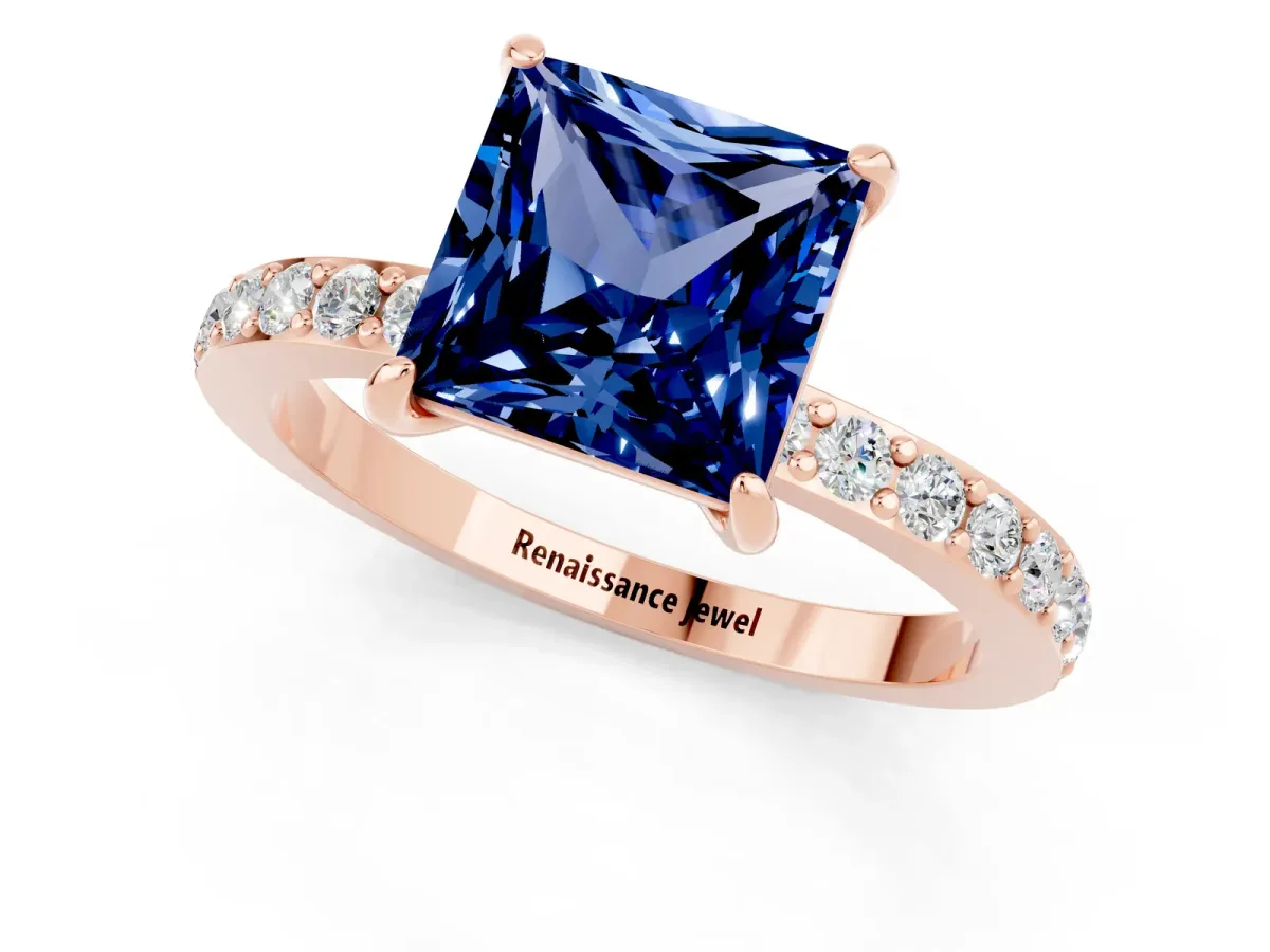 Princess Cut Blue Sapphire Solitaire Engagement Ring with Pavé Band and Four-Prong Setting Rose gold