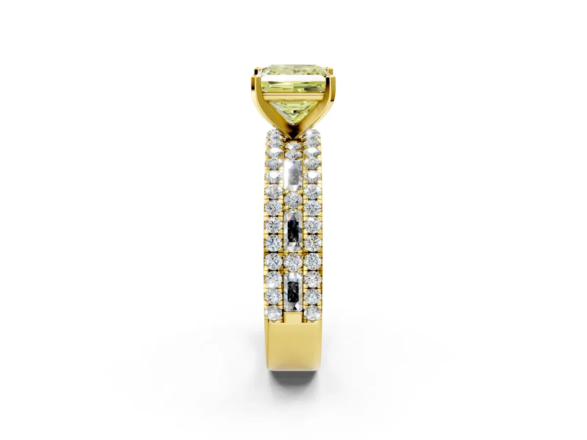 Fancy Yellow Princess Cut Diamond Solitaire Ring with Pavé and Channel Set Band Yellow gold
