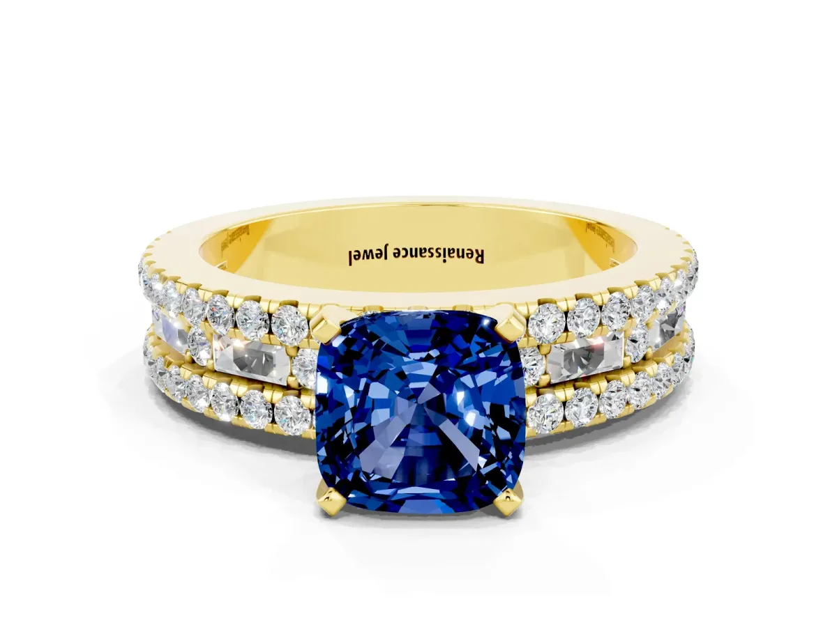 Cushion Cut Blue Sapphire Solitaire Ring with Pavé and Channel Set Band Yellow gold