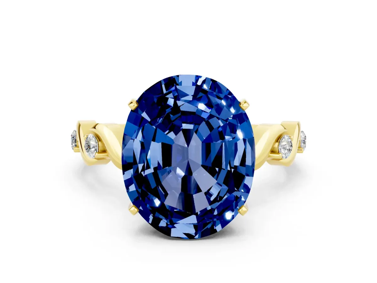 Oval Cut Blue Sapphire Solitaire Twisted Band with Round Accents and Prong Setting Yellow gold