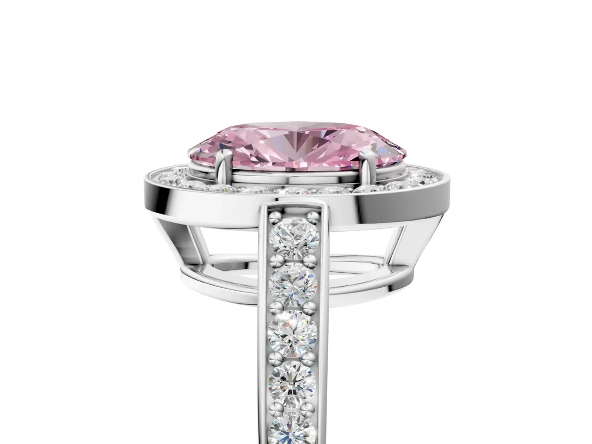 Fancy Pink Oval Cut Halo Pavé Diamond Engagement Ring with Bezel Setting Silver