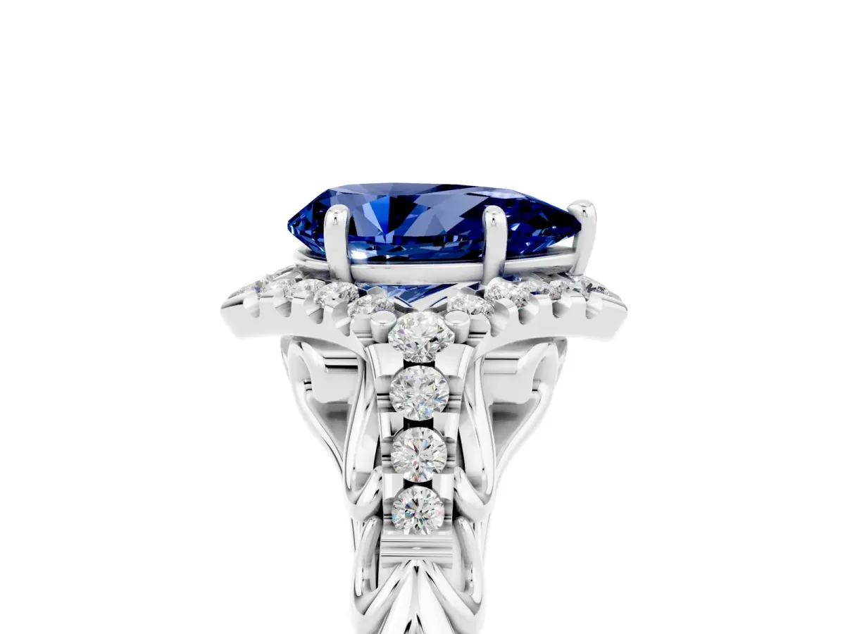 Pear Cut Blue Sapphire Solitaire Ring with Hidden Halo and Pavé Band White gold