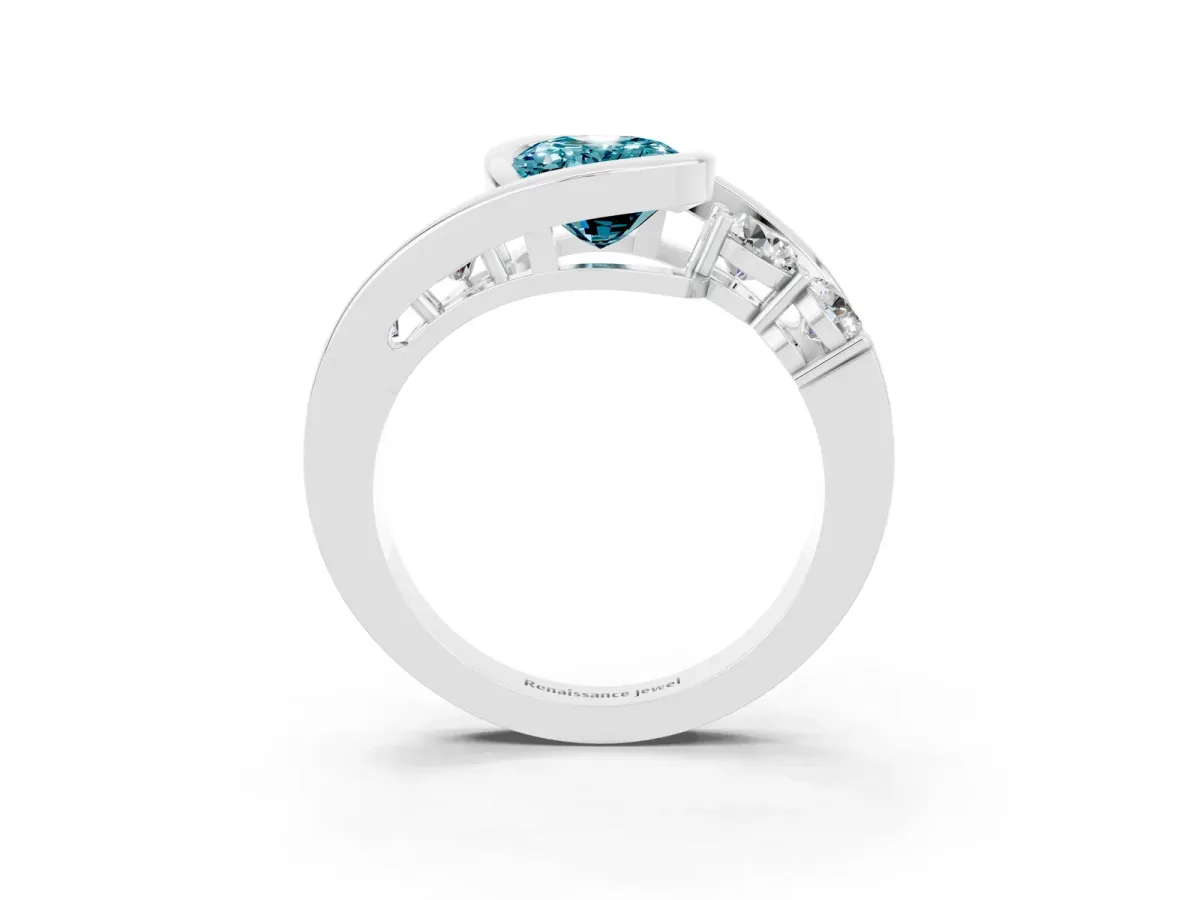 Bezel Set Oval Cut Blue Topaz Bypass Ring with Round Accents Platinum