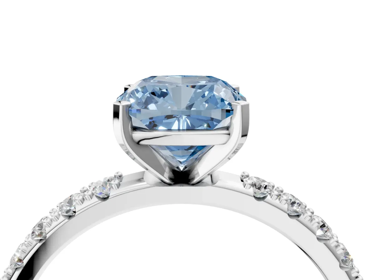 Fancy Blue Cushion Cut Diamond Solitaire Pavé Band with Four-Prong Setting Platinum