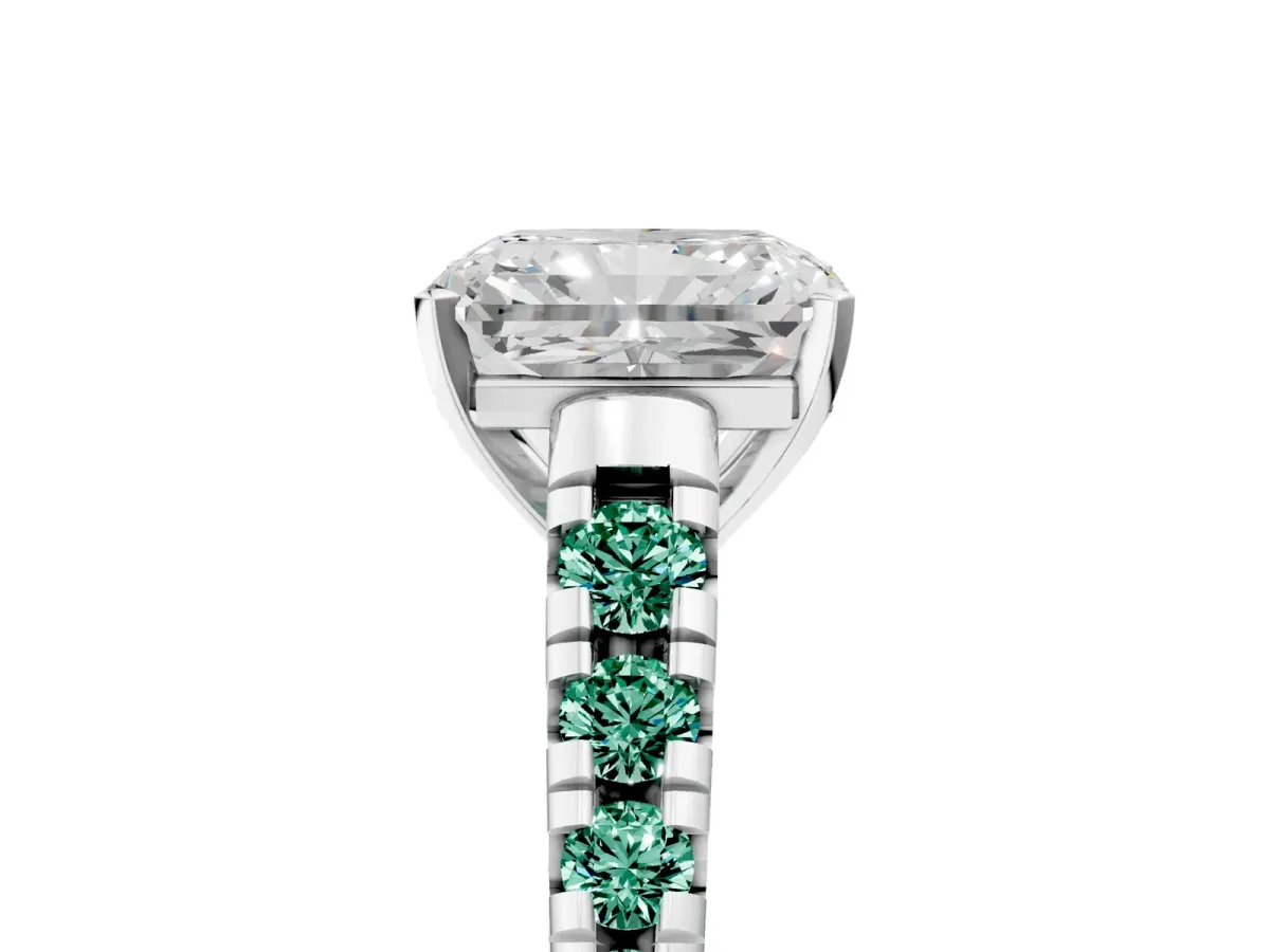 Radiant Cut Diamond Cathedral Solitaire Ring with Round Green Sapphire Pavé Band White gold