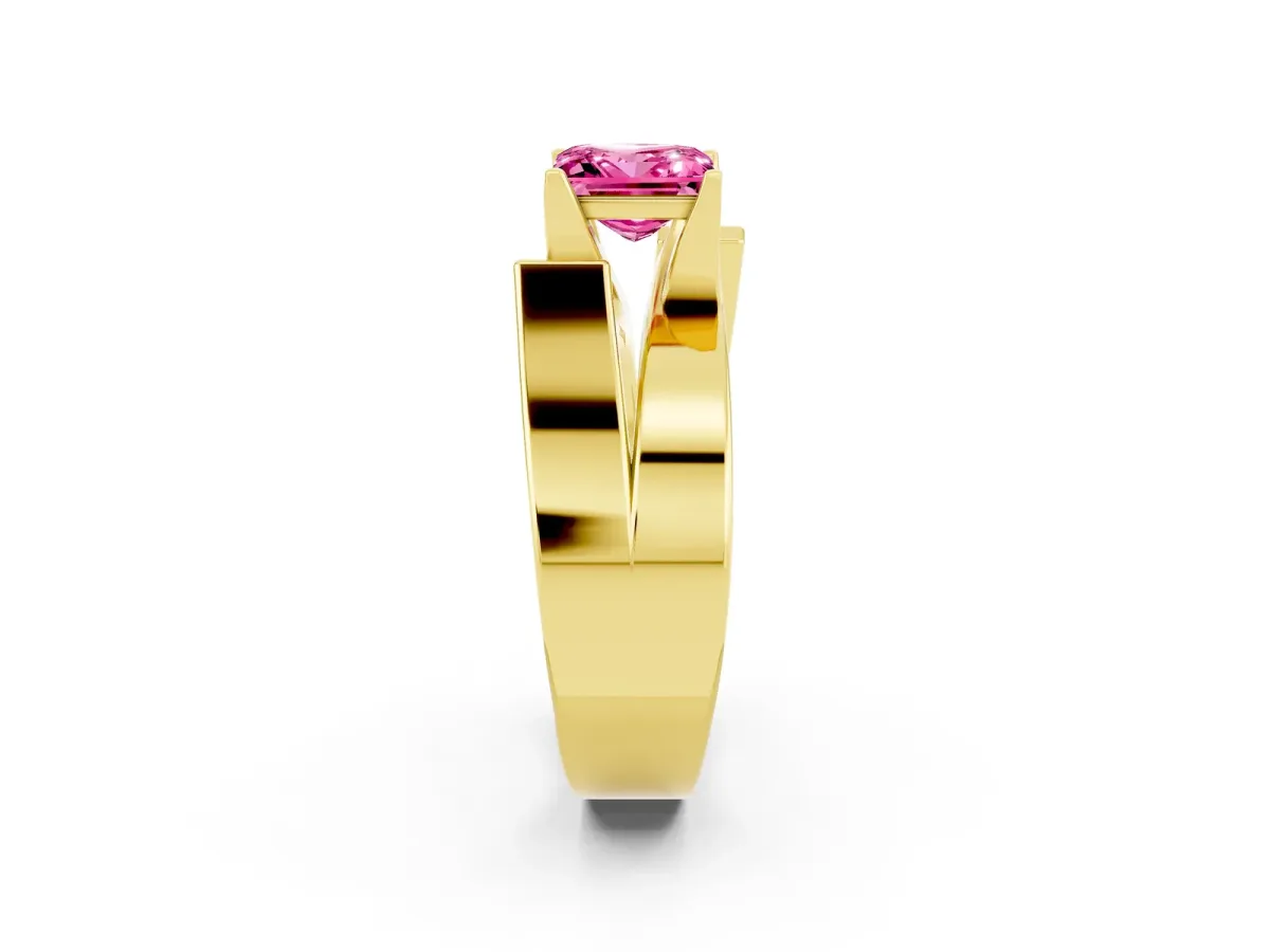 Modern Tension Set Princess Cut Pink Sapphire Solitaire Wide Band Ring Yellow gold