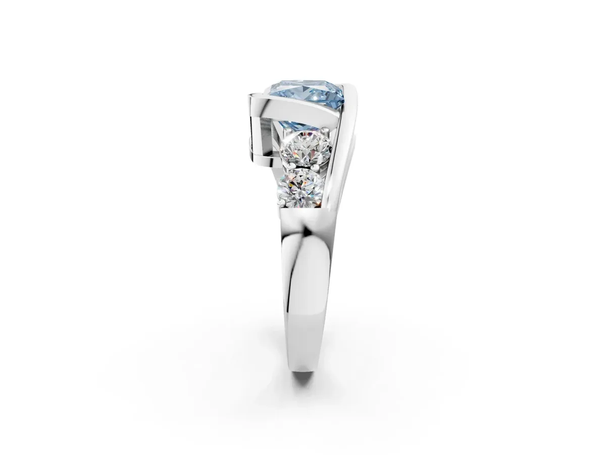 Fancy Blue Bezel Set Princess Cut Diamond Bypass Ring with Round Accents Silver