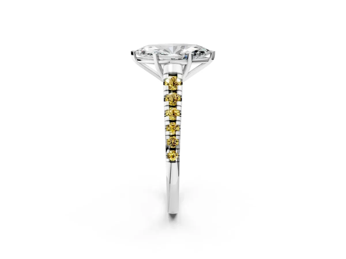 Marquise Cut Diamond Cathedral Solitaire Ring with Round Yellow Sapphire Pavé Band White gold