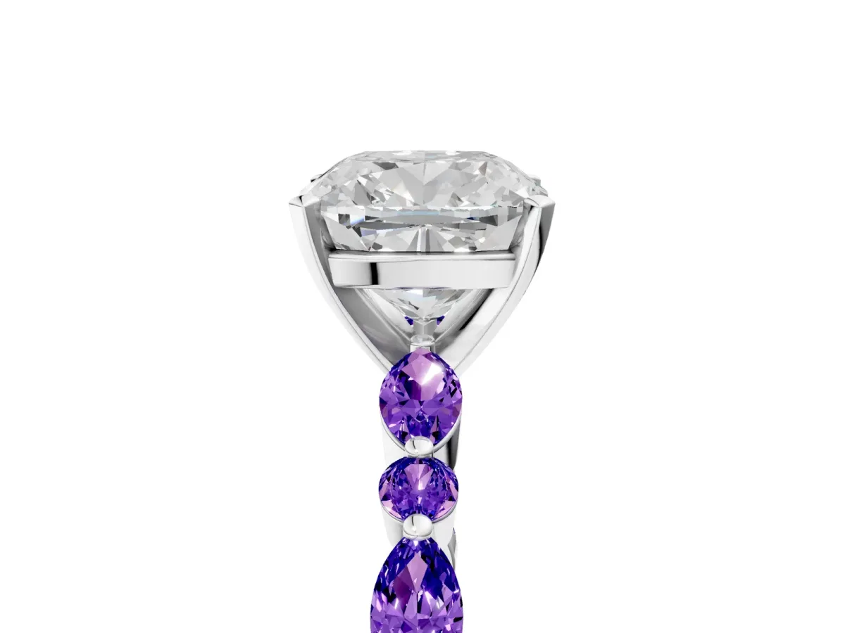 Cushion Cut Diamond Ring with Marquise and Round Tanzanite Side Stones and Four-Prong Setting White gold