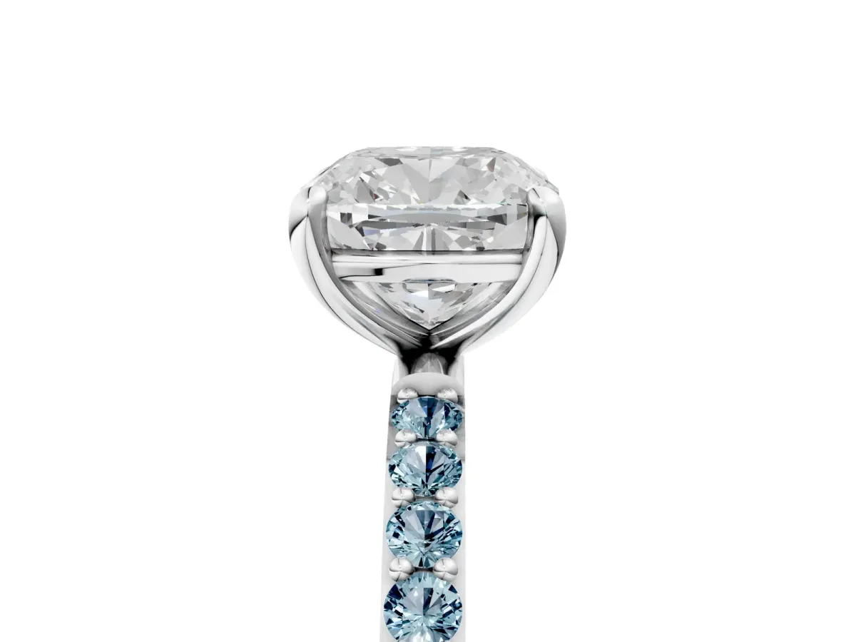 Cushion Cut Diamond Solitaire Ring with Round Aquamarine Pavé Band and Prong Setting White gold