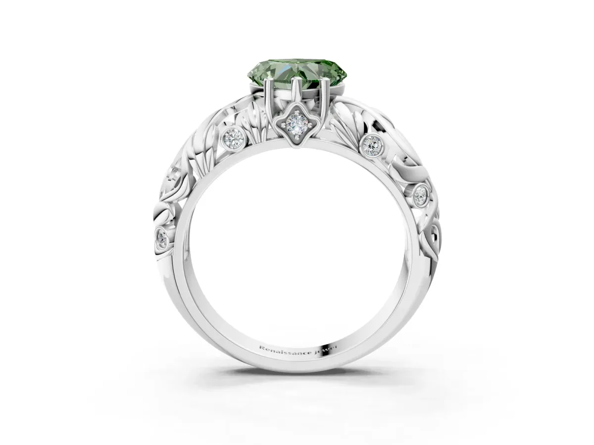 Fancy Green Heart Cut Solitaire Diamond Leaf-Inspired Vine Band Ring with Prong Setting Platinum