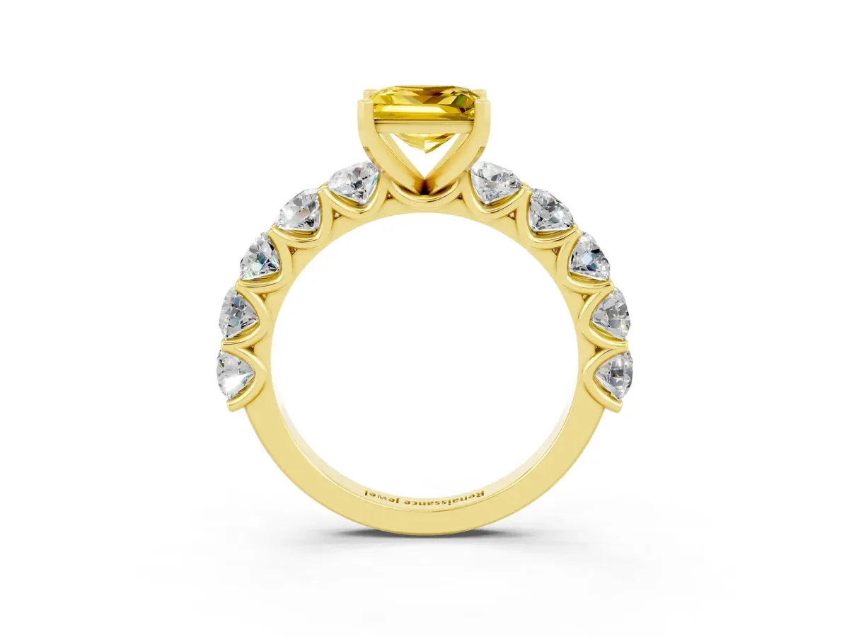 Princess Cut Yellow Sapphire Prong Setting with Side Stones on a Pave Band Yellow gold