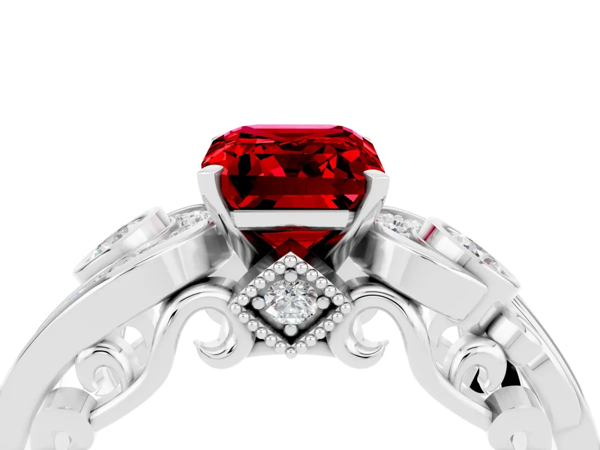 Emerald Cut Ruby Solitaire Ring with Milgrain Pavé Band and Four-Prong Setting Platinum