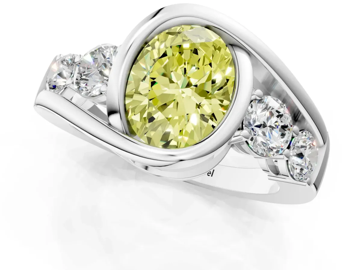 Fancy Yellow Bezel Set Oval Cut Diamond Bypass Ring with Round Accents Silver