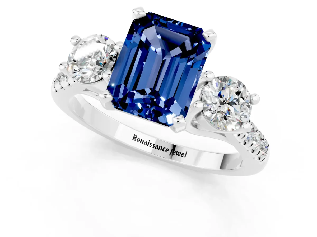 Three-Stone Emerald Cut Blue Sapphire Pavé Band with Four-Prong Setting Silver