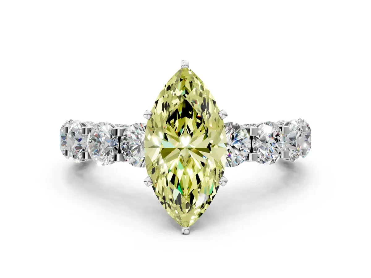 Fancy Yellow Marquise Cut Diamond Side Stone Engagement Ring with Four-Prong Setting Platinum