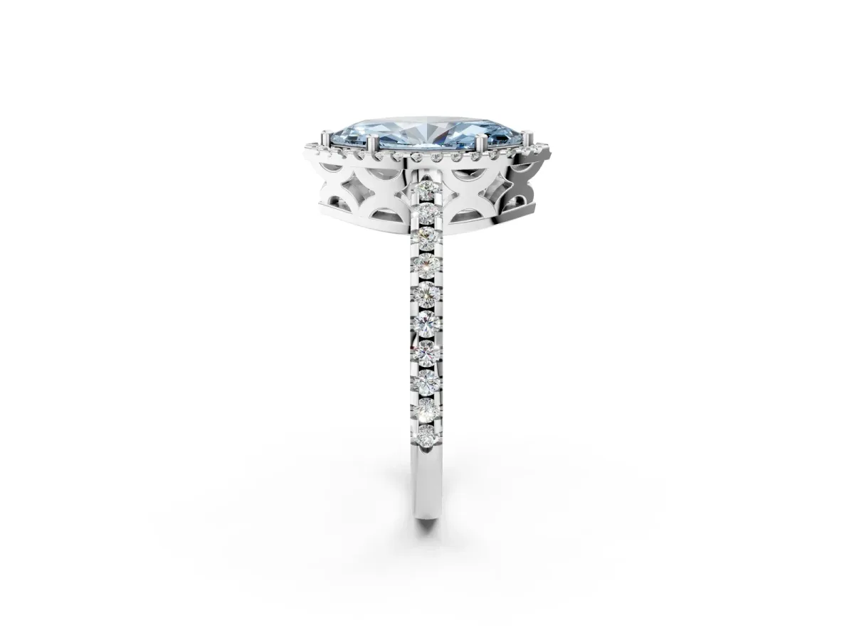 Fancy Blue Marquise Cut Diamond Halo Engagement Ring with Pavé Band and Prong Setting White gold
