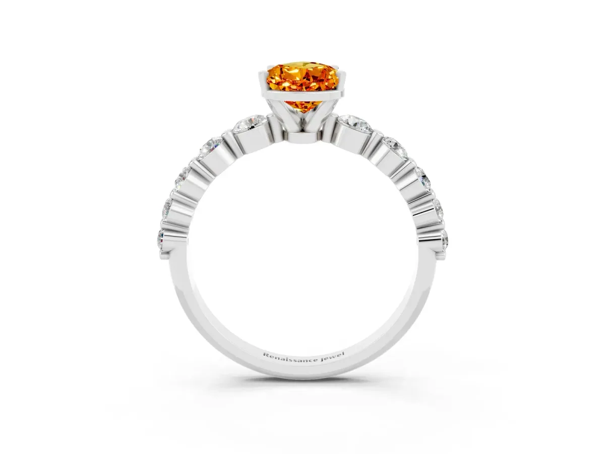 Pear Cut Solitaire Citrine Ring with Pave Band and Four-Prong Setting Silver