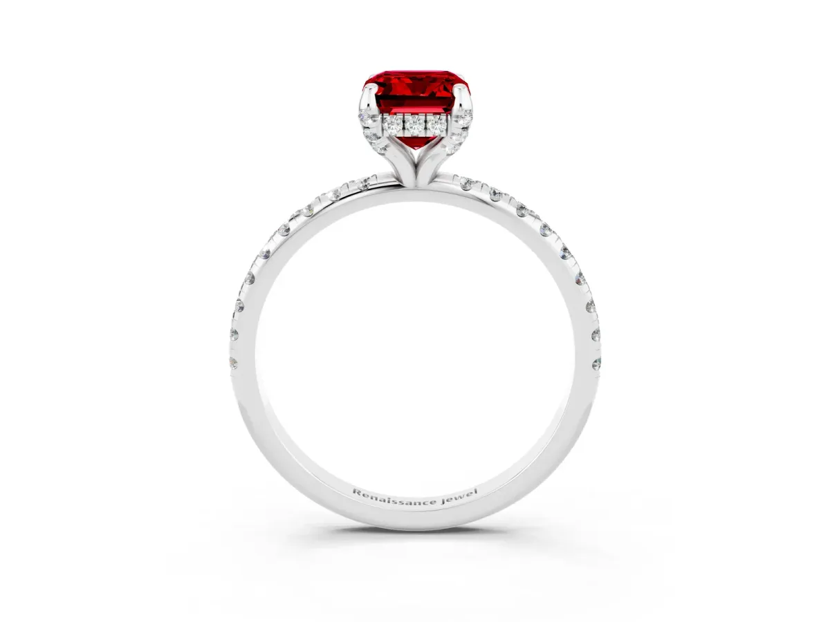 Emerald Cut Ruby Hidden Halo Engagement Ring with Round Pavé Band and Prong Setting Silver