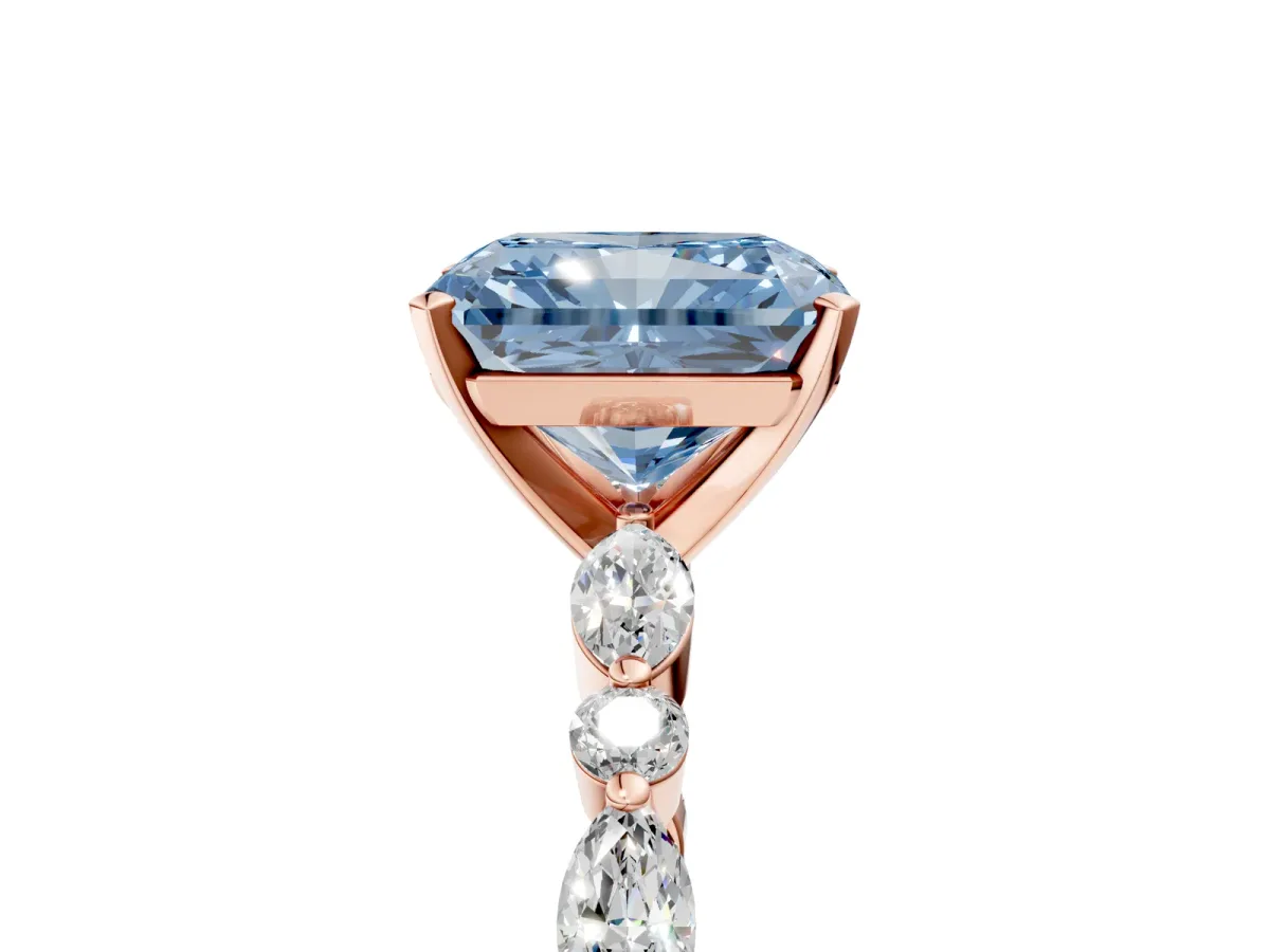 Fancy Blue Radiant Cut Diamond Ring with Marquise and Round Side Stones and Four-Prong Setting Rose gold