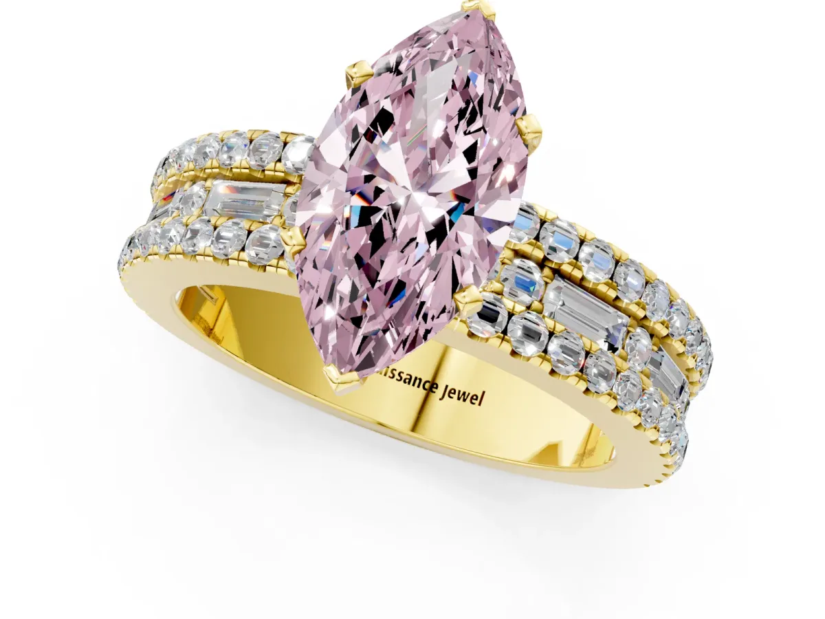 Fancy Pink Marquise Cut Diamond Solitaire Ring with Pavé and Channel Set Band Yellow gold