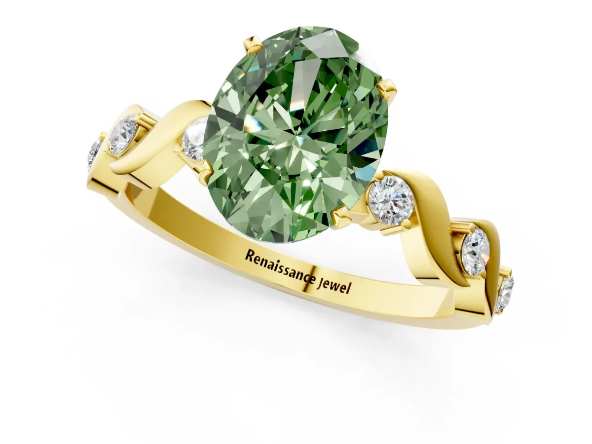 Fancy Green Oval Cut Diamond Solitaire Twisted Band with Round Accents and Prong Setting Yellow gold