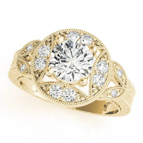 Round Cut Halo Milgrain Diamond Engagement Ring with Leaf Band and Four-Prong Setting Yellow gold