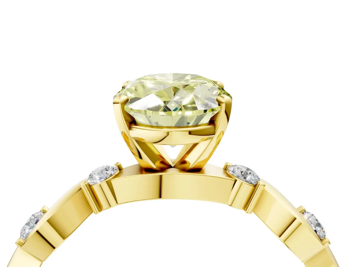 Fancy Yellow Oval Cut Diamond Solitaire Twisted Band with Round Accents and Prong Setting Yellow gold