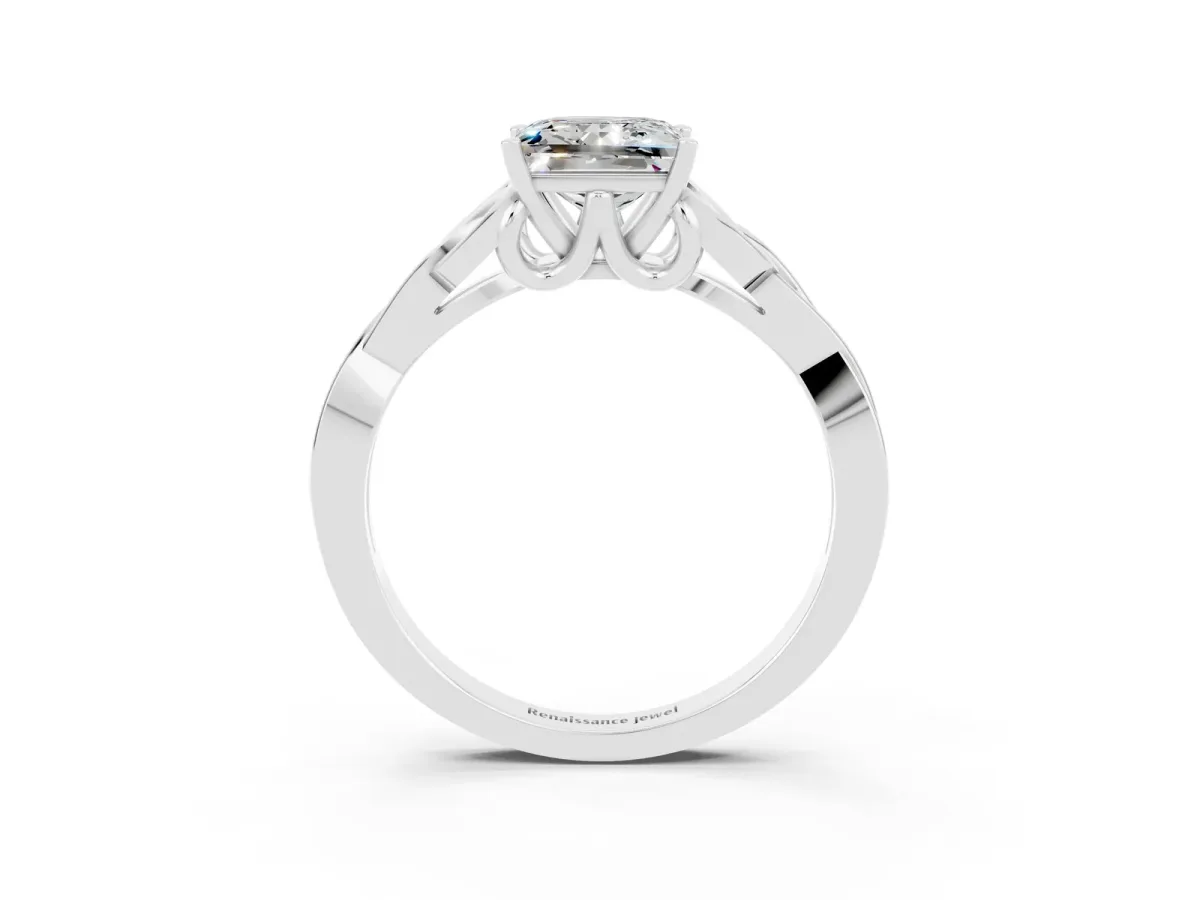 Princess Cut Moissanite Solitaire Engagement Ring with Celtic Knot Band and Four-Prong Setting White gold