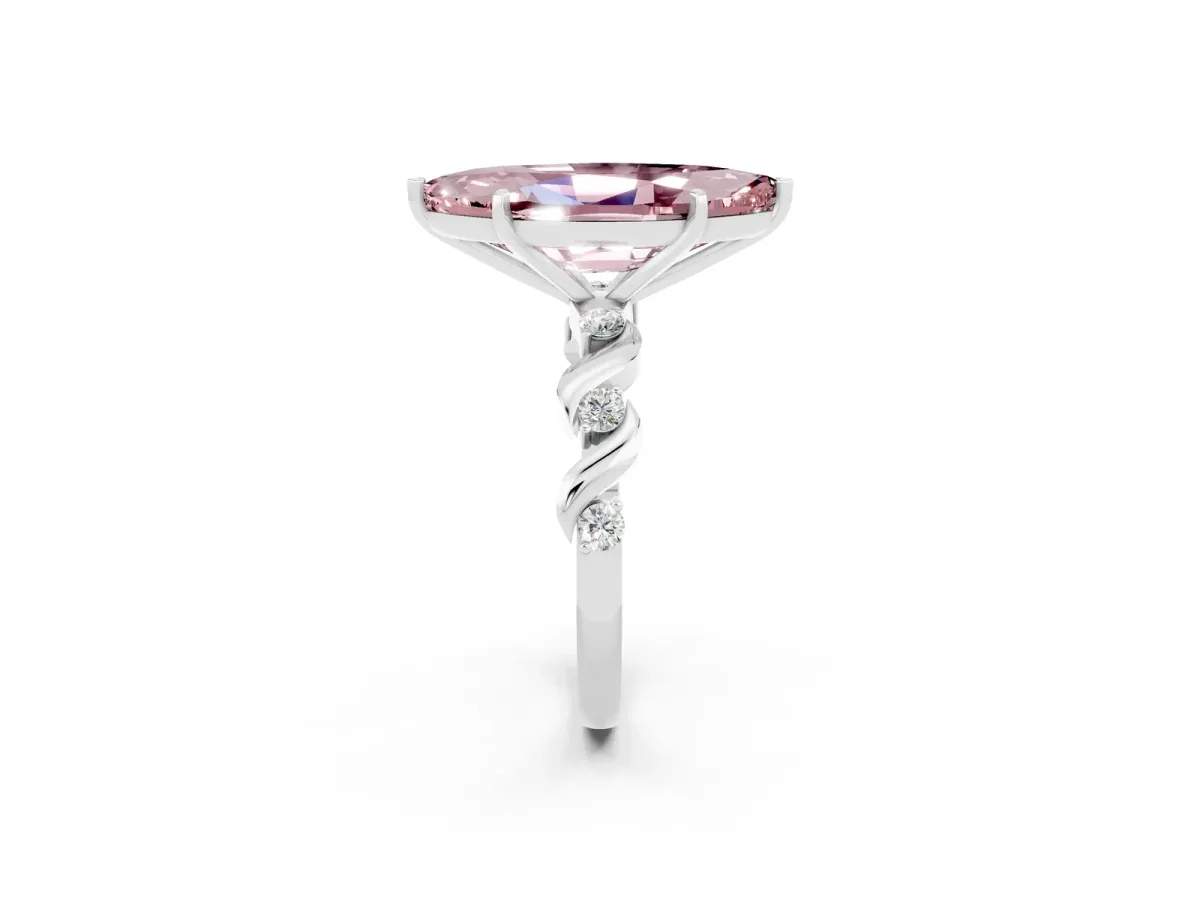 Marquise Cut Morganite Solitaire Twisted Band with Round Accents and Prong Setting White gold