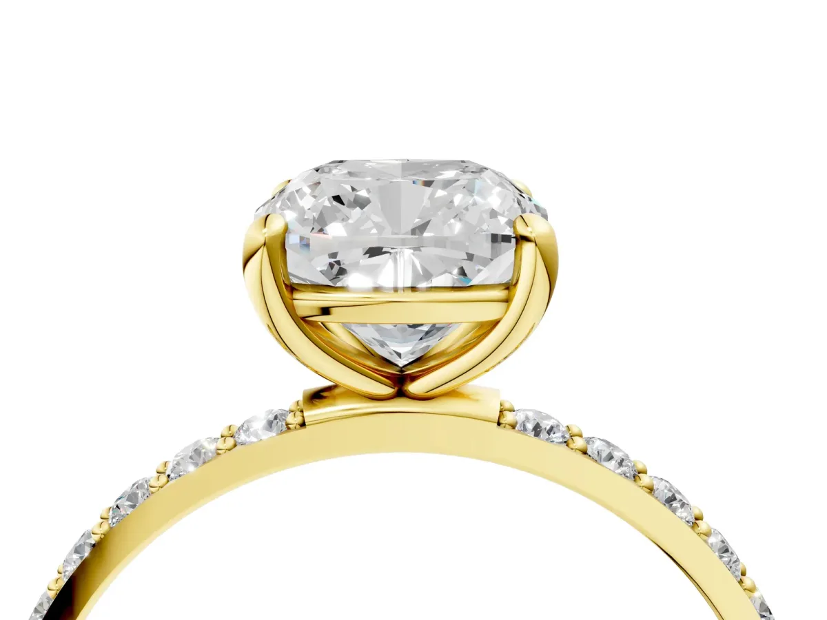 Cushion Cut Diamond Solitaire Ring with Round Pavé Band and Prong Setting Yellow gold
