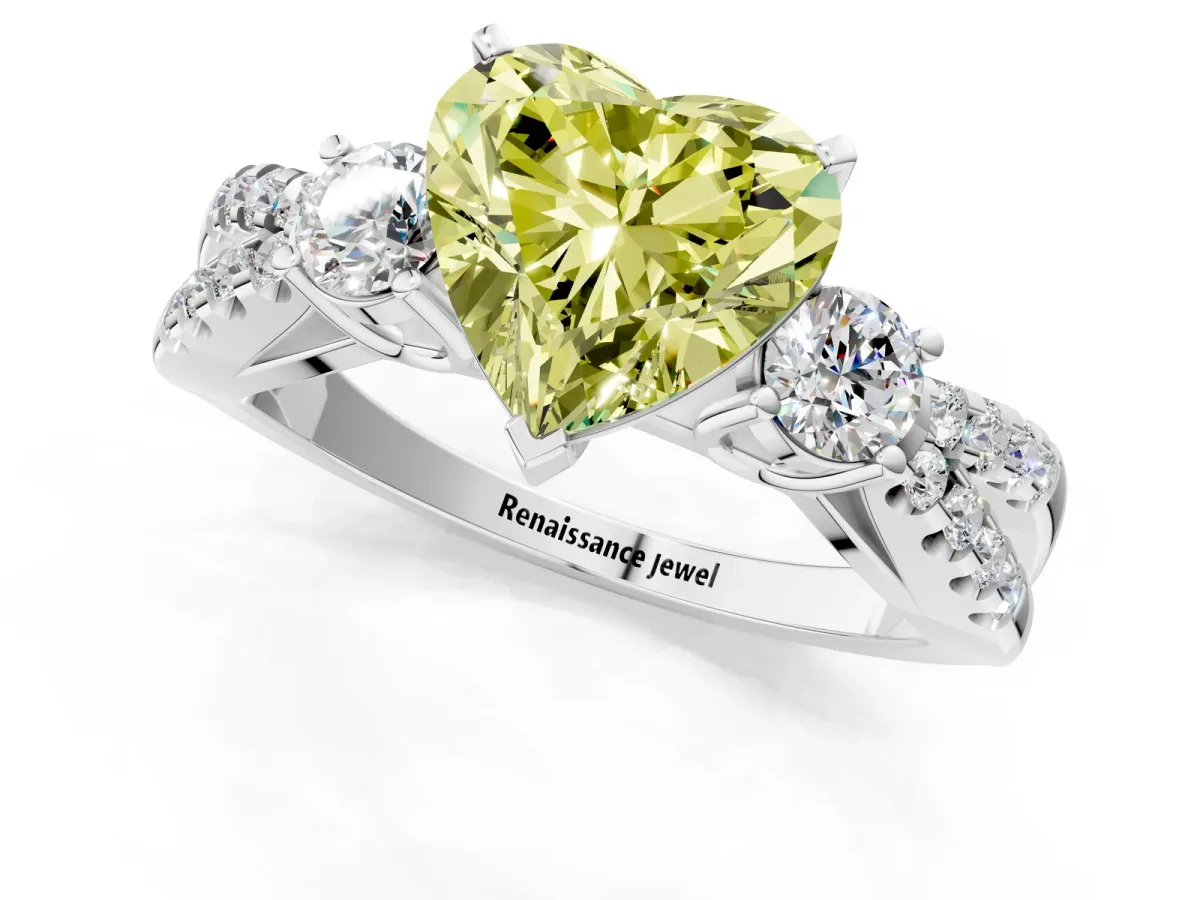 Fancy Yellow Heart Cut Diamond Three-Stone Ring with Pavé Split Shank and Four-Prong Setting White gold