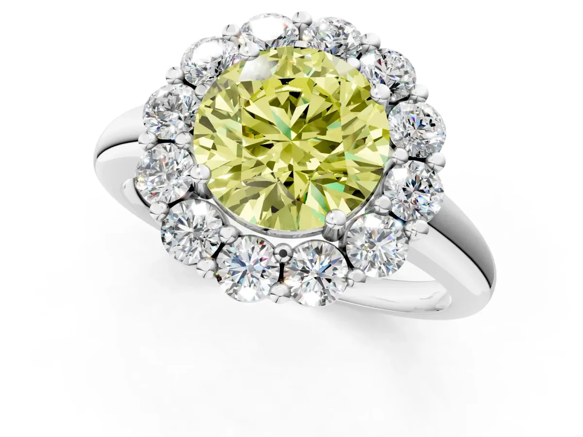 Fancy Yellow Round Cut Halo Cluster Diamond Engagement Ring with Prong Setting and Polished Band White gold