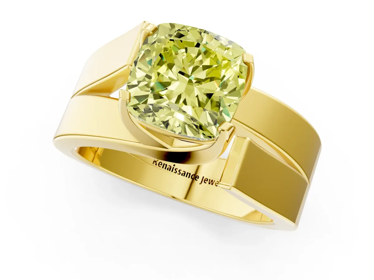 Fancy Yellow Modern Tension Set Cushion Cut Diamond Solitaire Wide Band Ring Yellow gold