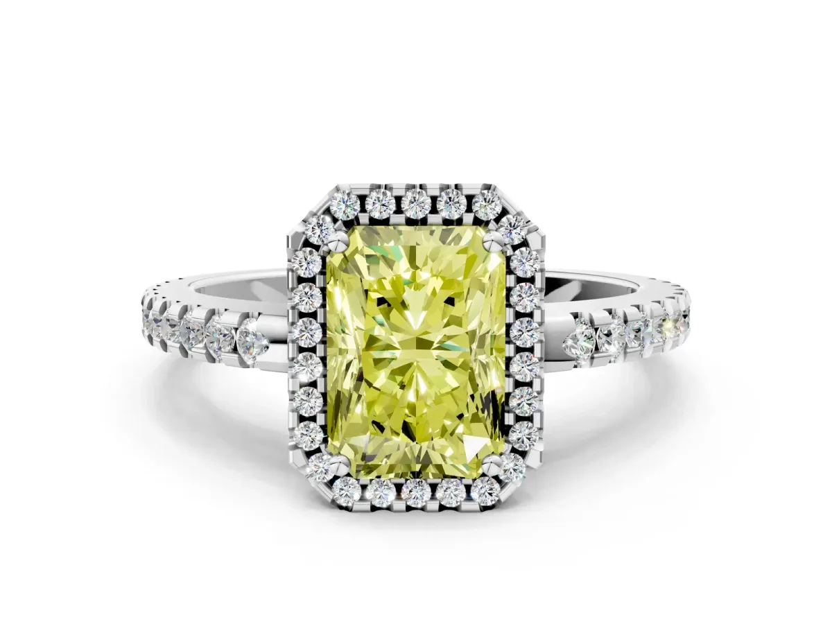 Fancy Yellow Radiant Cut Diamond Halo Engagement Ring with Pavé Band and Prong Setting Platinum