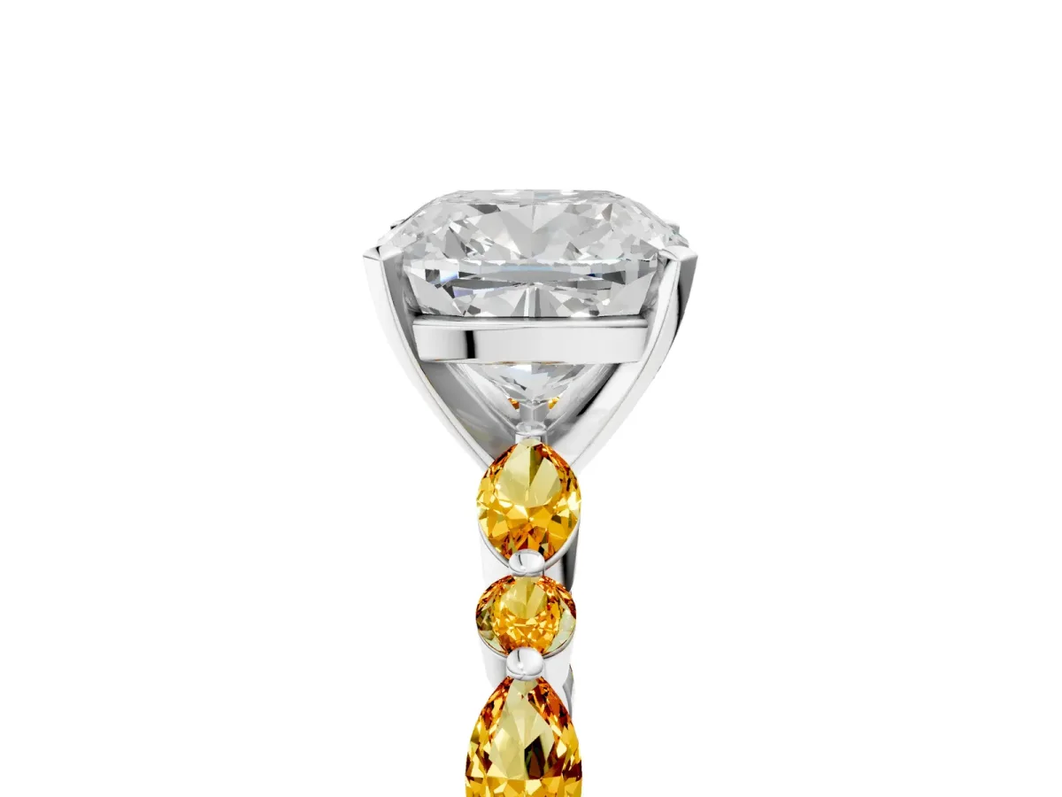 Cushion Cut Diamond Ring with Marquise and Round Citrine Side Stones and Four-Prong Setting White gold
