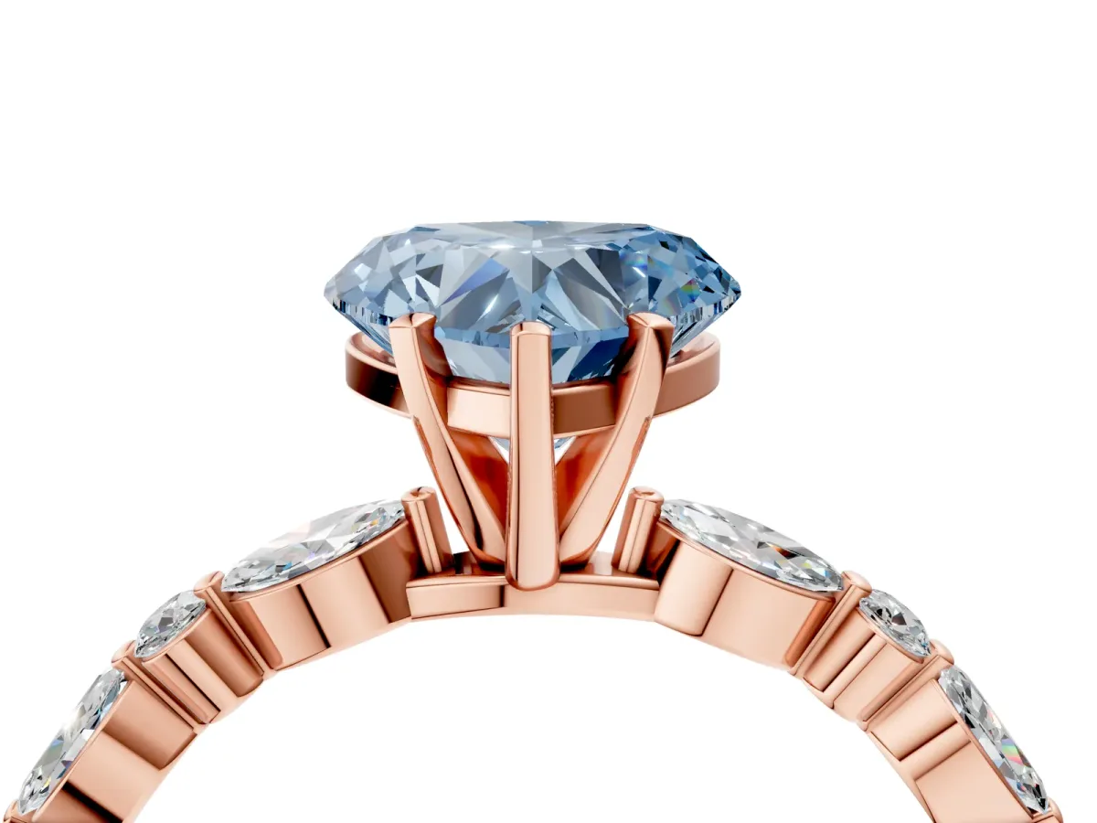 Fancy Blue Heart Cut Diamond Ring with Marquise and Round Side Stones and Four-Prong Setting Rose gold