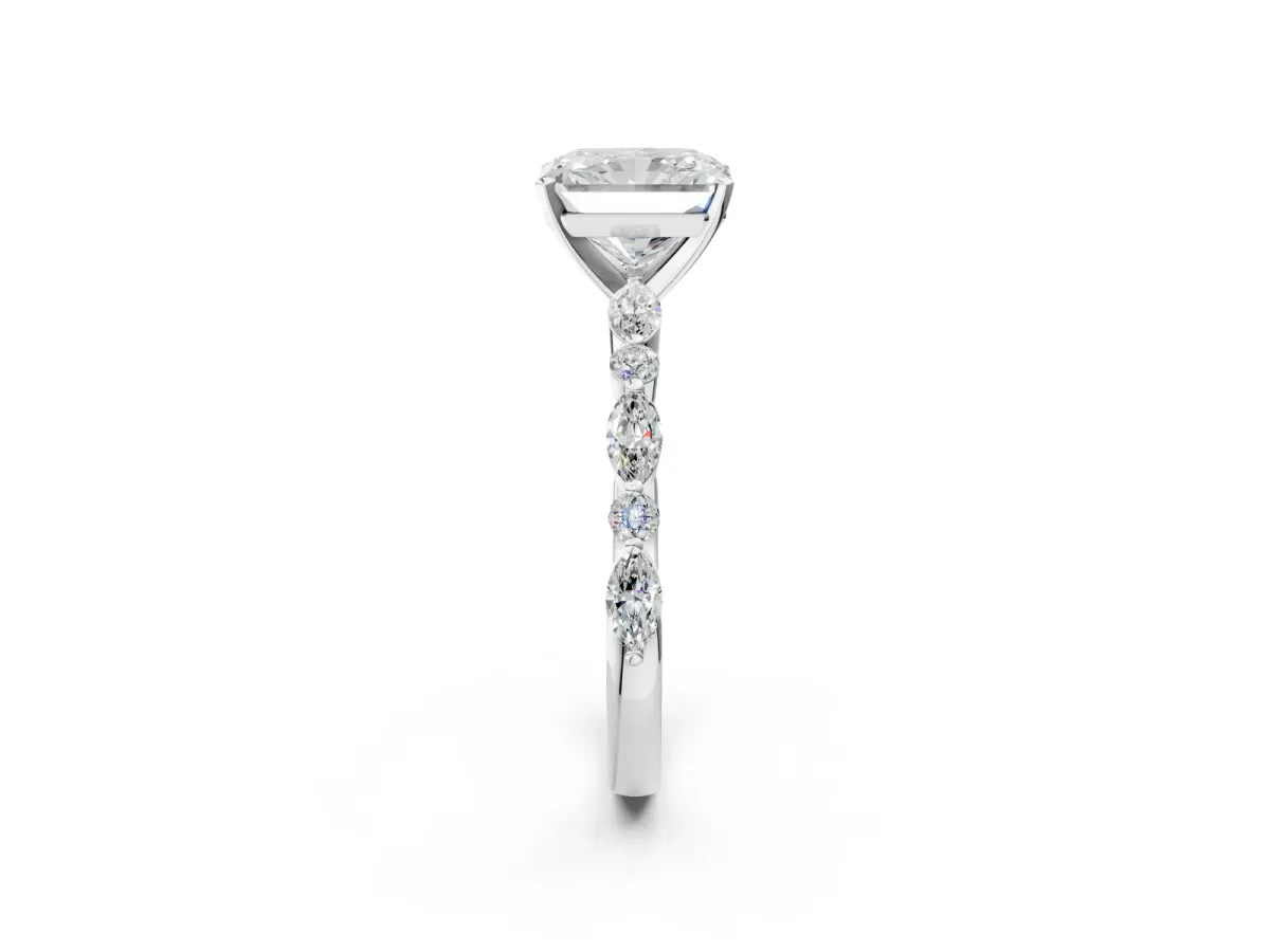 Radiant Cut Diamond Ring with Marquise and Round Moissanite Side Stones and Four-Prong Setting Platinum