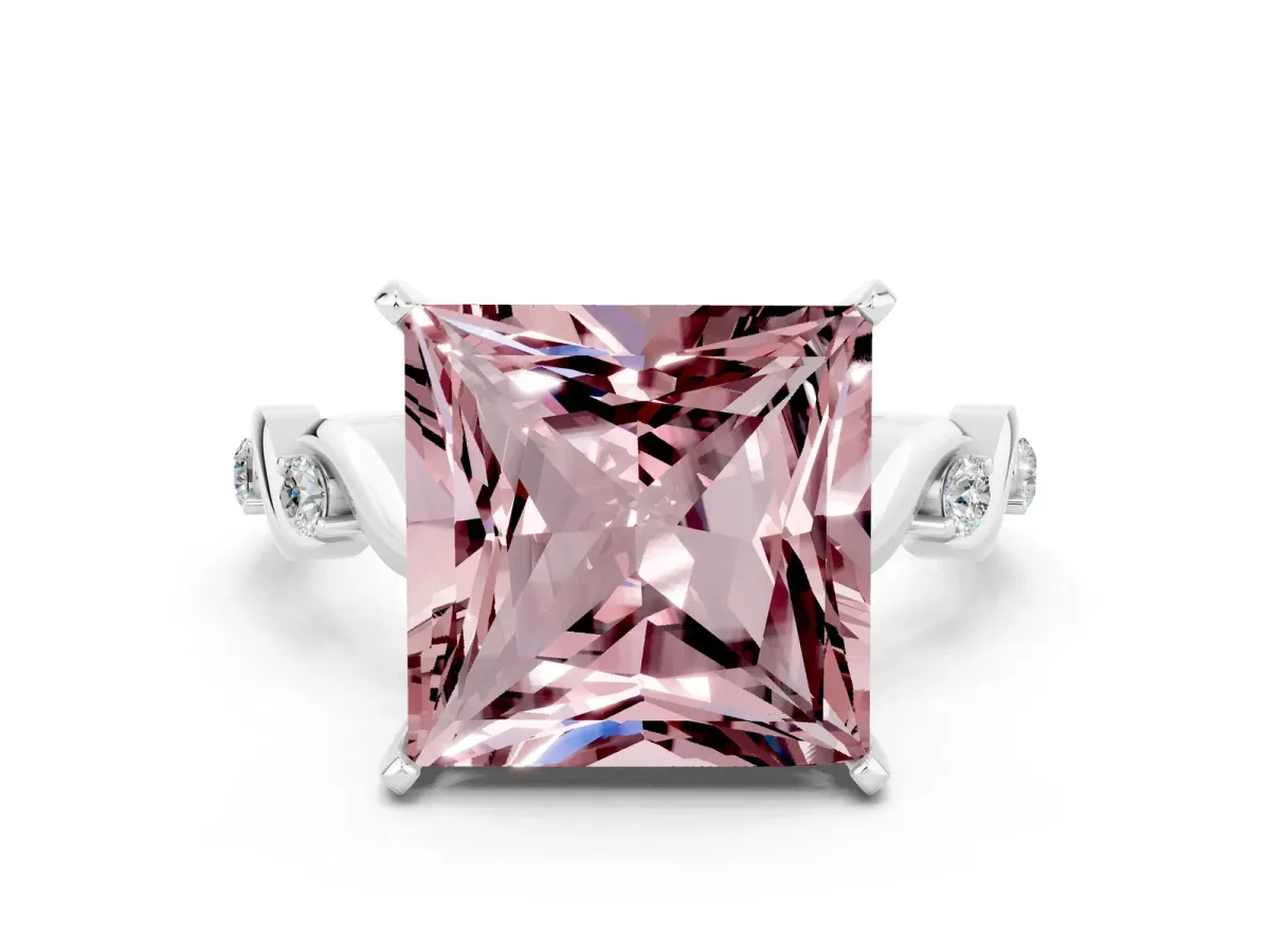 Princess Cut Morganite Solitaire Twisted Band with Round Accents and Prong Setting White gold