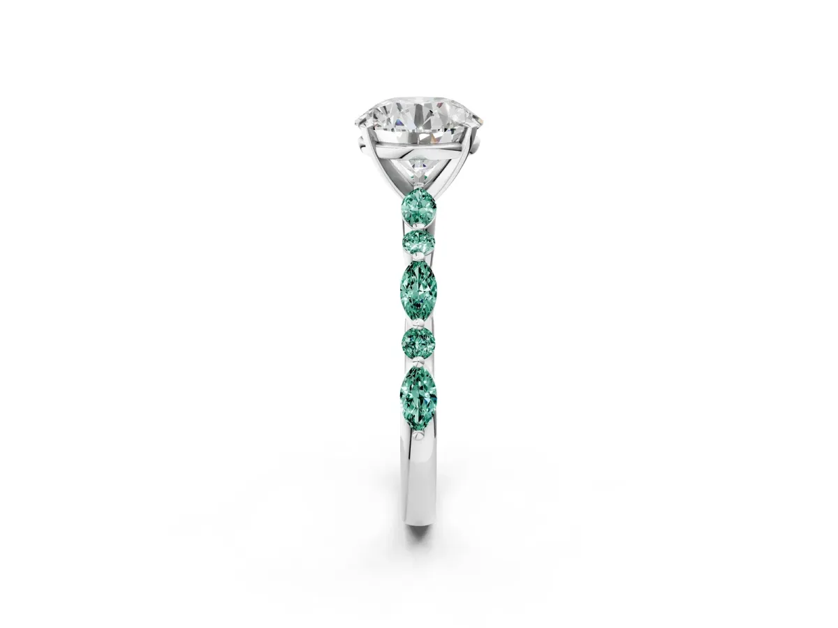 Round Cut Diamond Ring with Marquise and Round Green Sapphire Side Stones and Four-Prong Setting Platinum