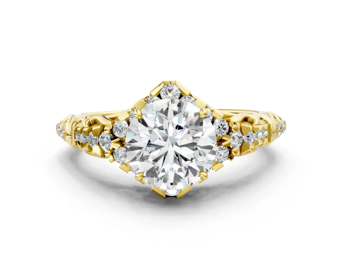 Round Cut Diamond Solitaire Ring with Hidden Halo and Pavé Band Yellow gold
