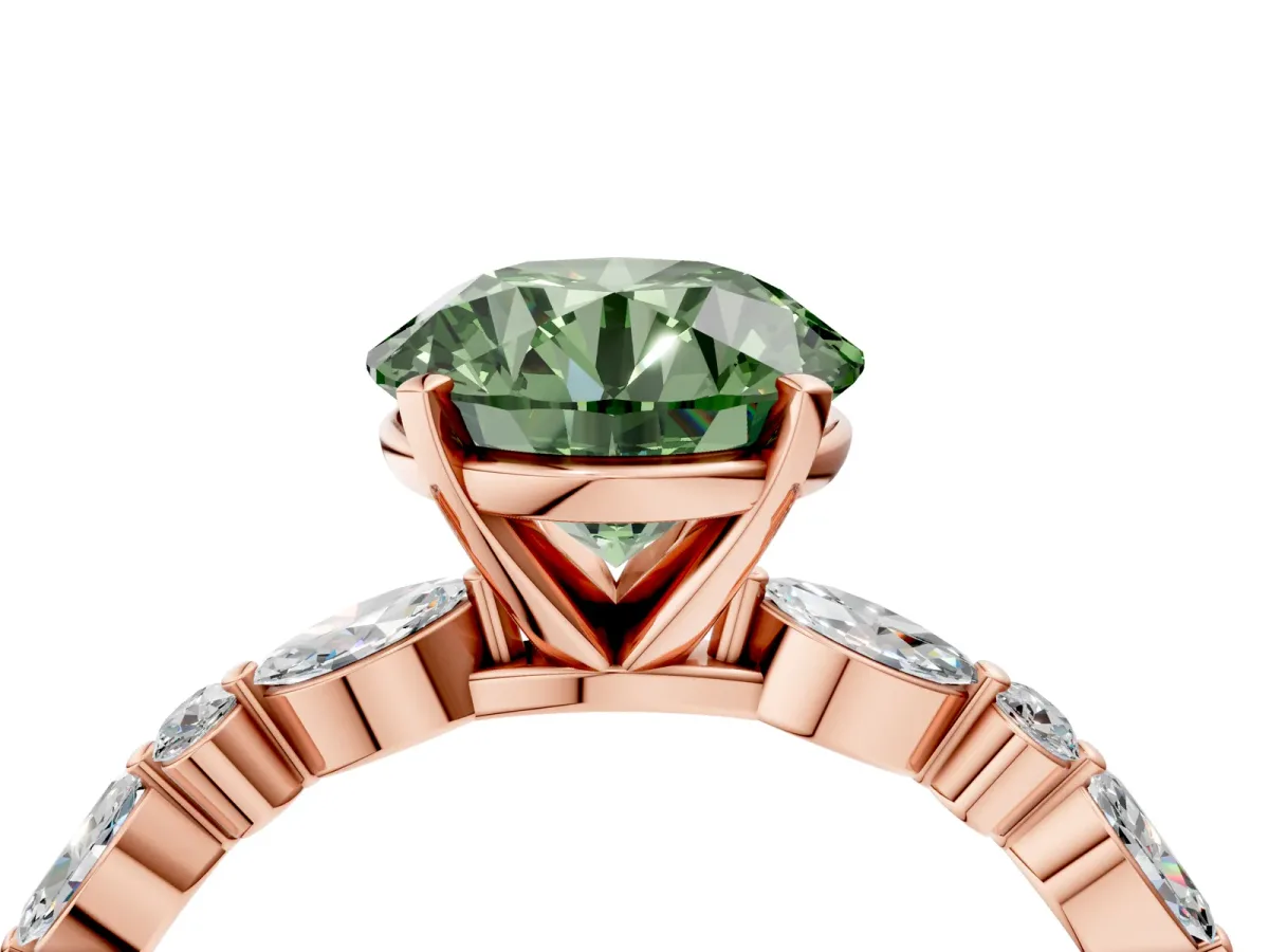 Fancy Green Round Cut Diamond Ring with Marquise and Round Side Stones and Four-Prong Setting Rose gold