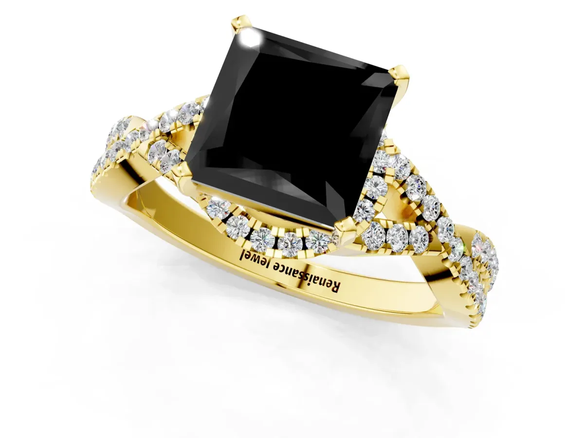 Fancy Black Princess Cut Diamond Halo Twist Band Solitaire Prong Setting Ring Yellow gold