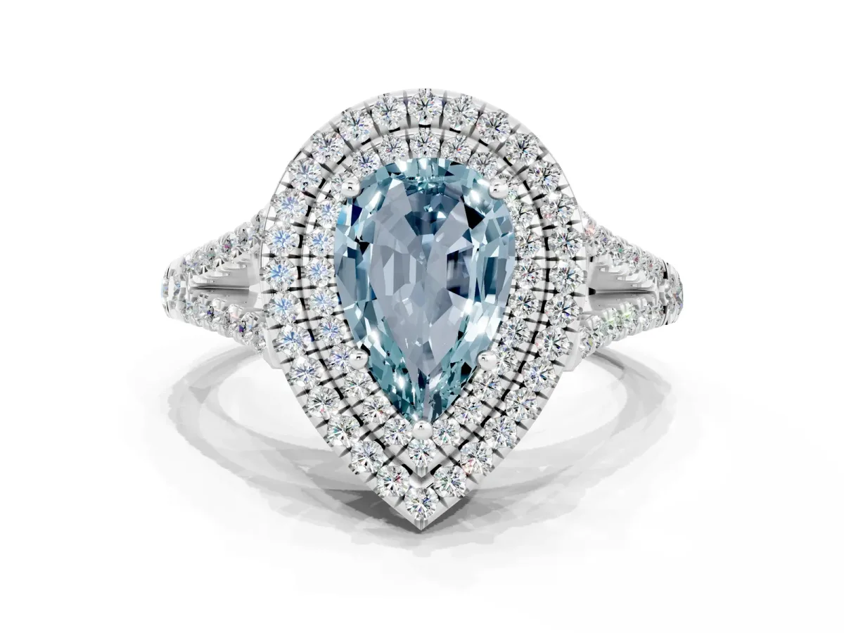 Pear Cut Aquamarine Double Halo Ring with Pavé Band and Prong Setting White gold