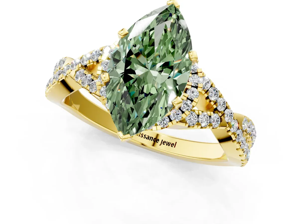 Fancy Green Marquise Cut Diamond Halo Twist Band Solitaire Prong Setting Ring Yellow gold