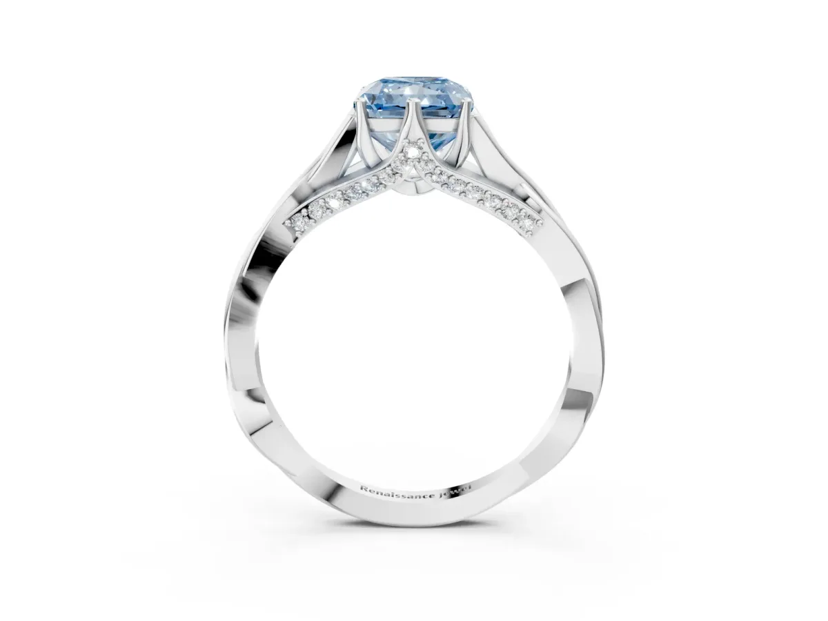 Fancy Blue Radiant Cut Solitaire Twist Band Six-Prong Setting Platinum