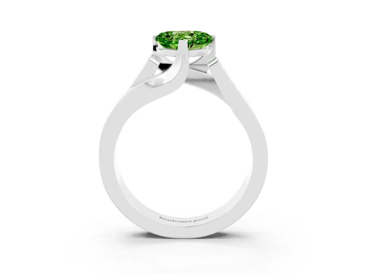 Modern Tension Set Heart Cut Peridot Solitaire Wide Band Ring Silver