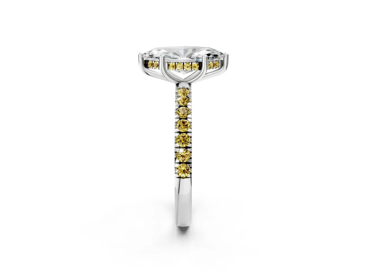 Marquise Cut Diamond Pave Band Solitaire Ring with Round Yellow Sapphire and Prong Setting White gold