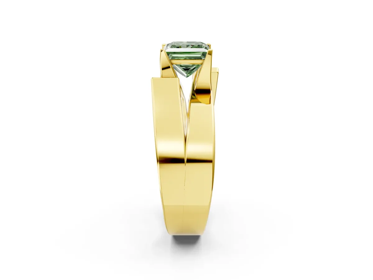 Fancy Green Modern Tension Set Princess Cut Diamond Solitaire Wide Band Ring Yellow gold