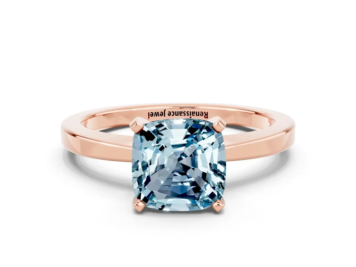 Cushion Cut Aquamarine Solitaire Engagement Ring with Classic Band and Four-Prong Setting Rose gold